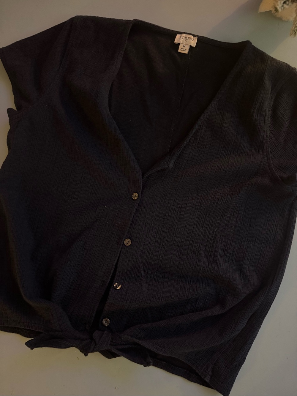J.Crew Navy Blue Button Front Tie Hem Top Size M